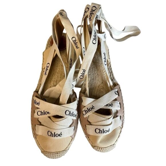 Chloe Beige/White Leather Canvas Espadrille Ankle Wrap Ingrid Flats sz 37/6.5 - Picture 4 of 13